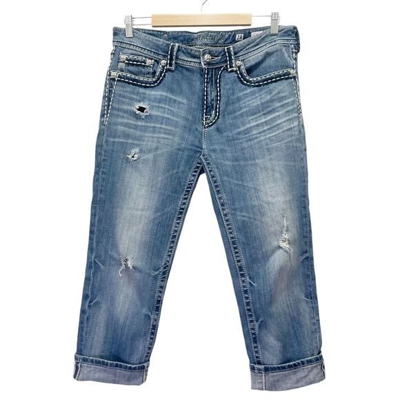 Miss Me Distressed Boyfriend Cropped Jeans Whiskered Medium Wash Women’s Size 28 - Picture 2 of 14
